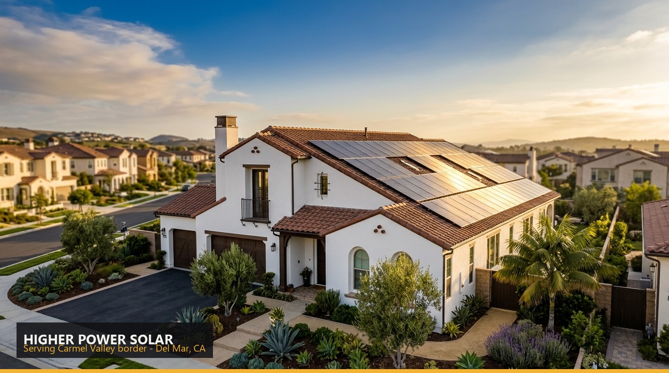 Rooftop solar installation on a home in Carmel Valley border, Del Mar CA - Higher Power Solar