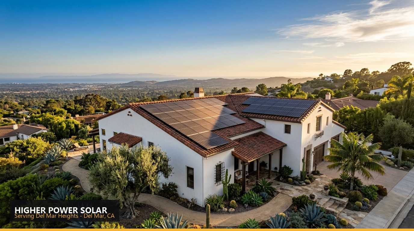 Rooftop solar installation on a home in Del Mar Heights, Del Mar CA - Higher Power Solar