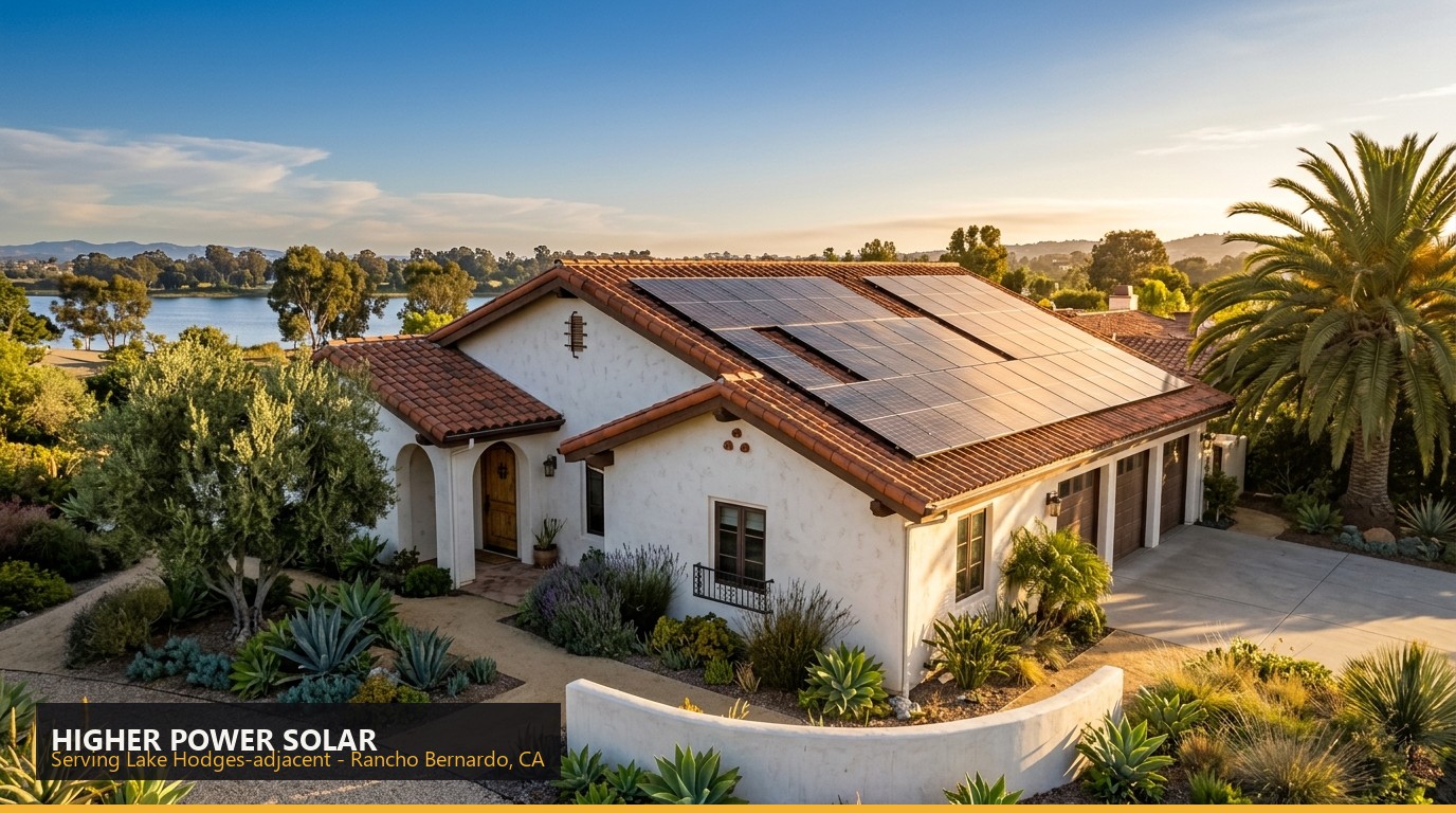 Rooftop solar installation on a home in Lake Hodges-adjacent, Rancho Bernardo CA - Higher Power Solar
