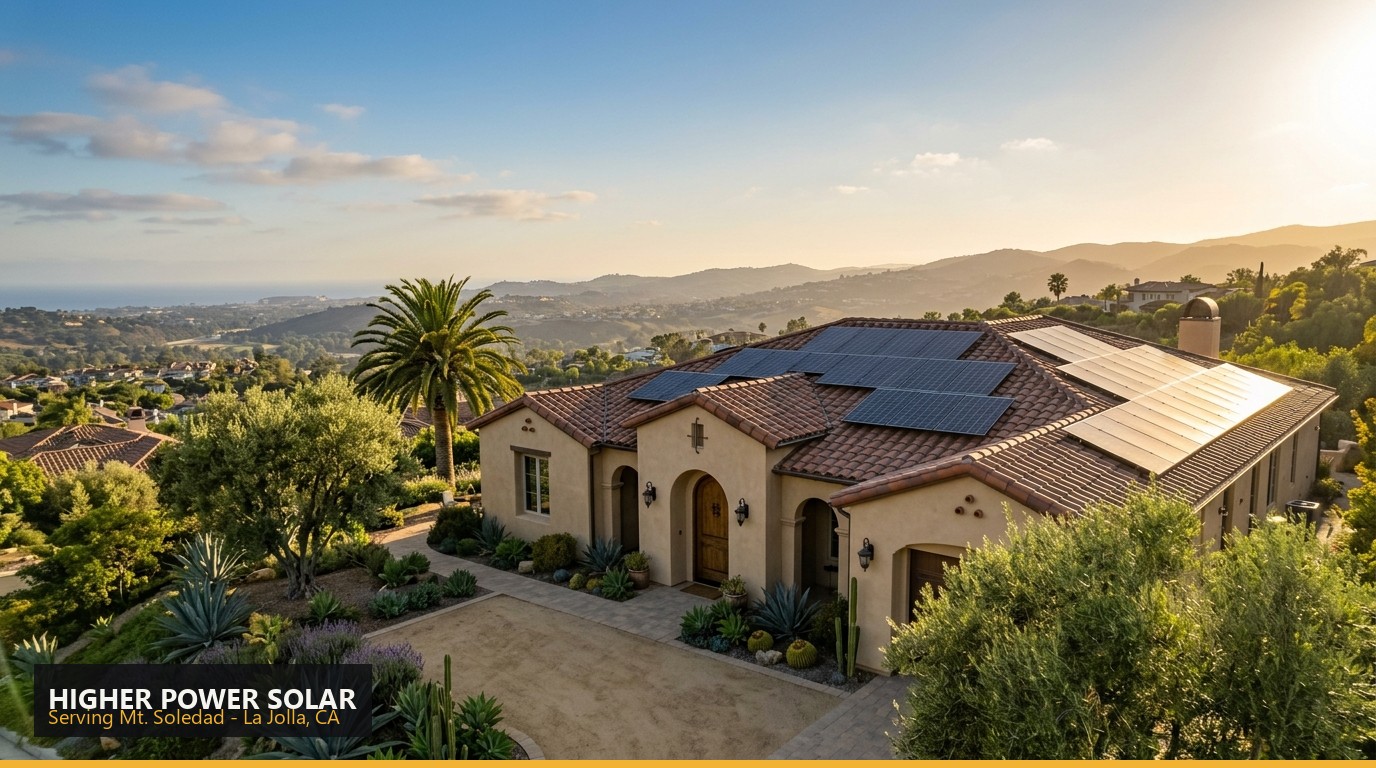 Rooftop solar installation on a home in Mt. Soledad, La Jolla CA - Higher Power Solar