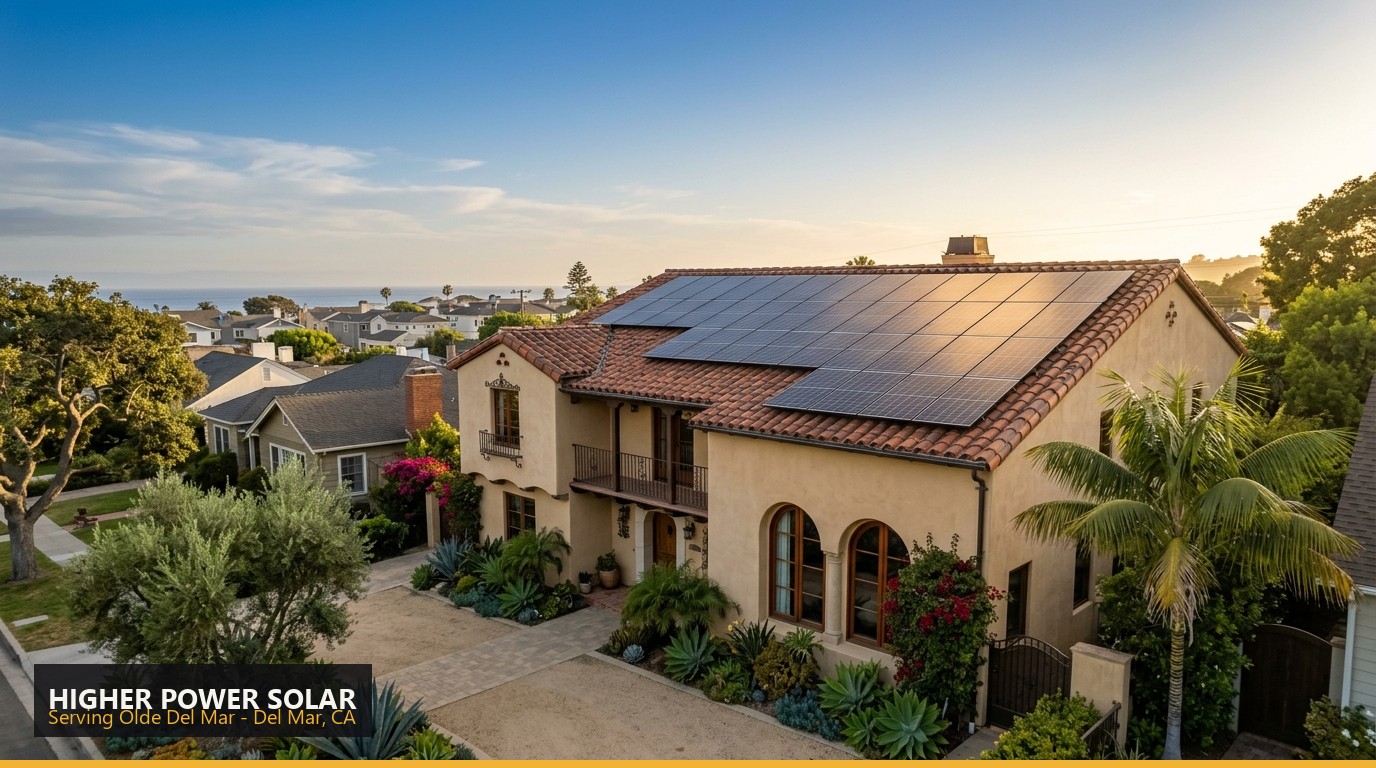 Rooftop solar installation on a home in Olde Del Mar, Del Mar CA - Higher Power Solar