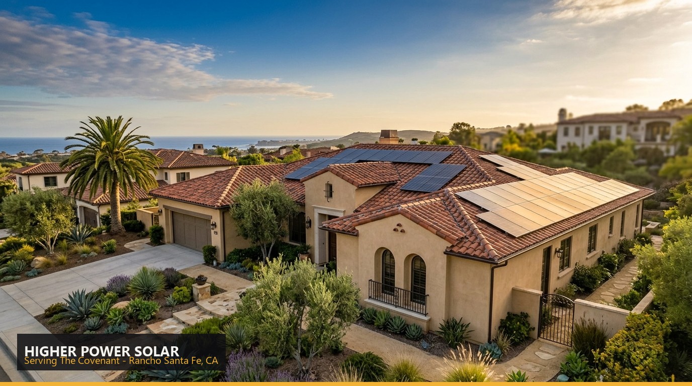 Rooftop solar installation on a home in The Covenant, Rancho Santa Fe CA - Higher Power Solar